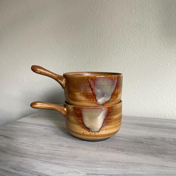 Set of 2 Sango Splash Brown Soup Bowls, Ceramic Handled Onion Soup Bowl - Picture 1 of 6